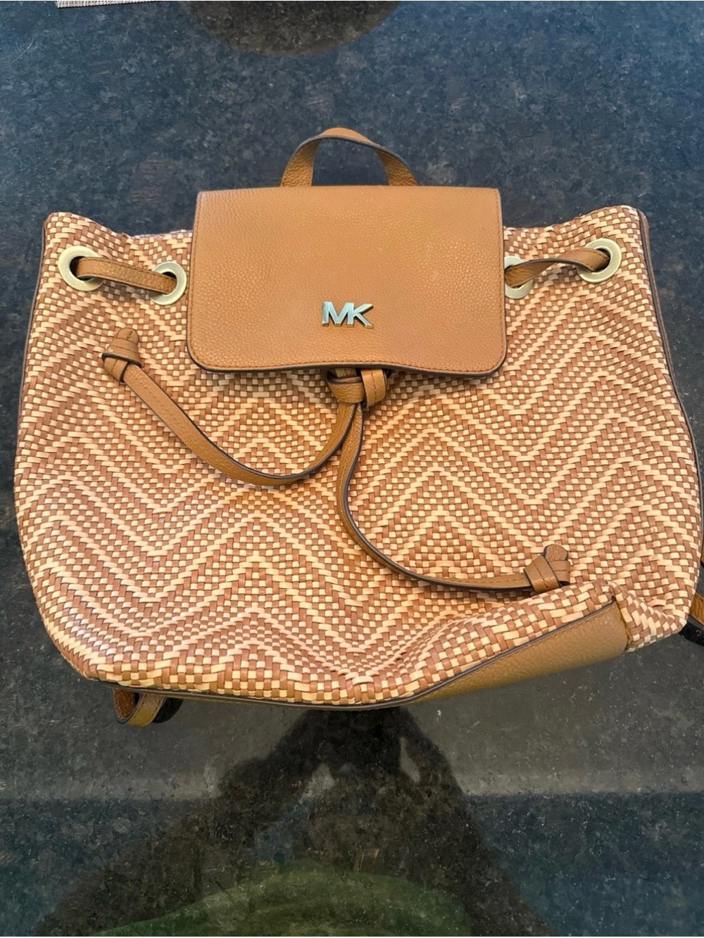 Michael Kors Tan Woven Drawstring Backpack with Leather Flap